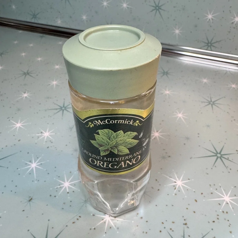 Vintage McCormick Mediterranean Oregano Jar Green Label & Lid Glass Spice Bottle